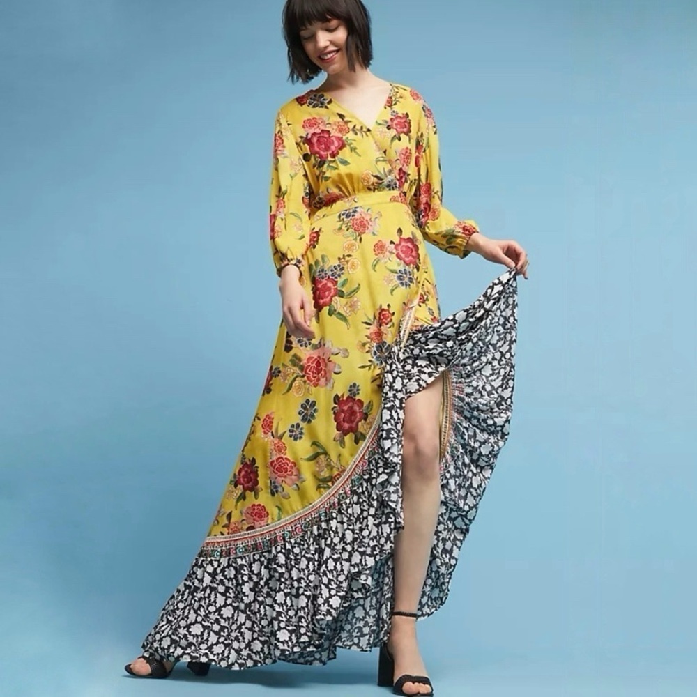 FARM Rio Sunlit Floral Maxi Surplice V Neck Ruffle Hem Wrap Dress Yellow XXS